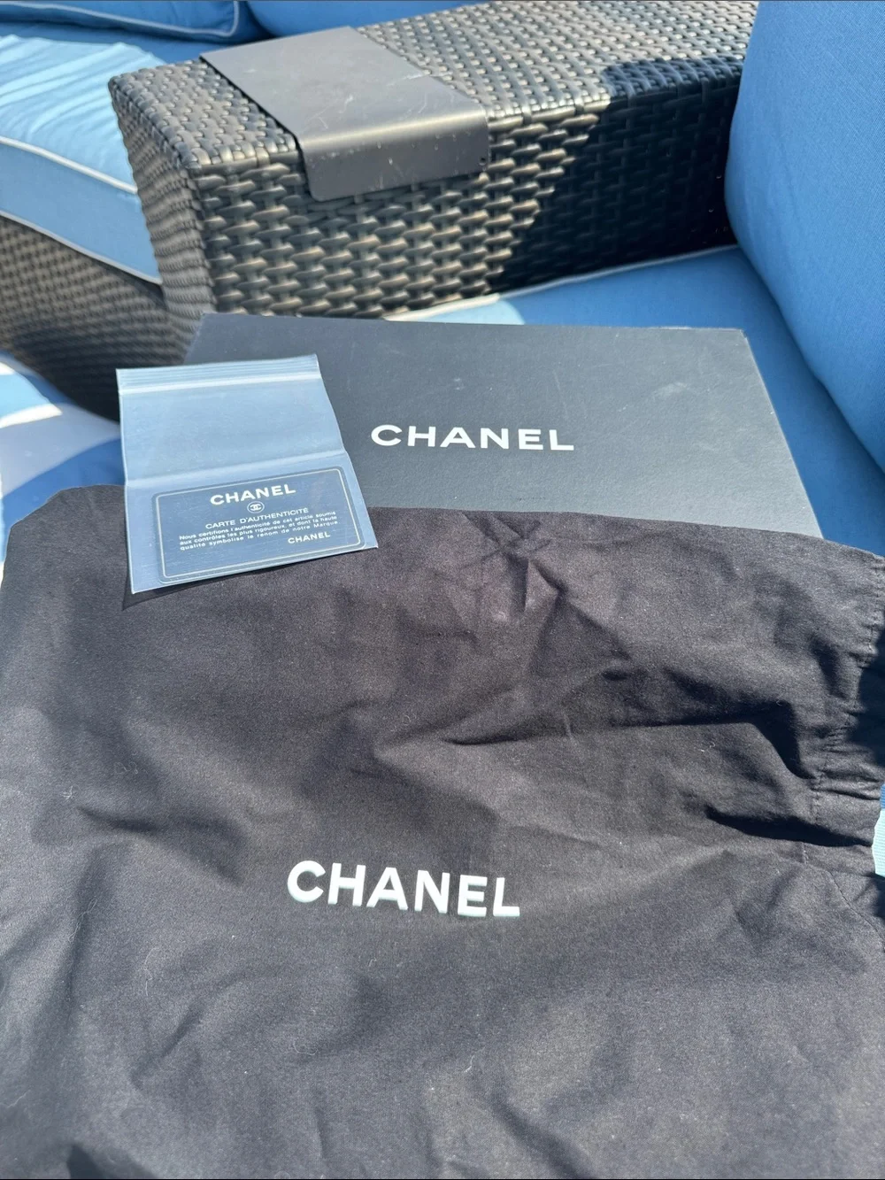 CHANEL Blue & White Chevron Boy Bag with Chain Strap